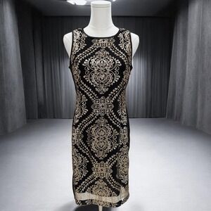 Donna Ricco New York Black Gold Sequin Sheath Cocktail Dress Petite 6P Form Gala
